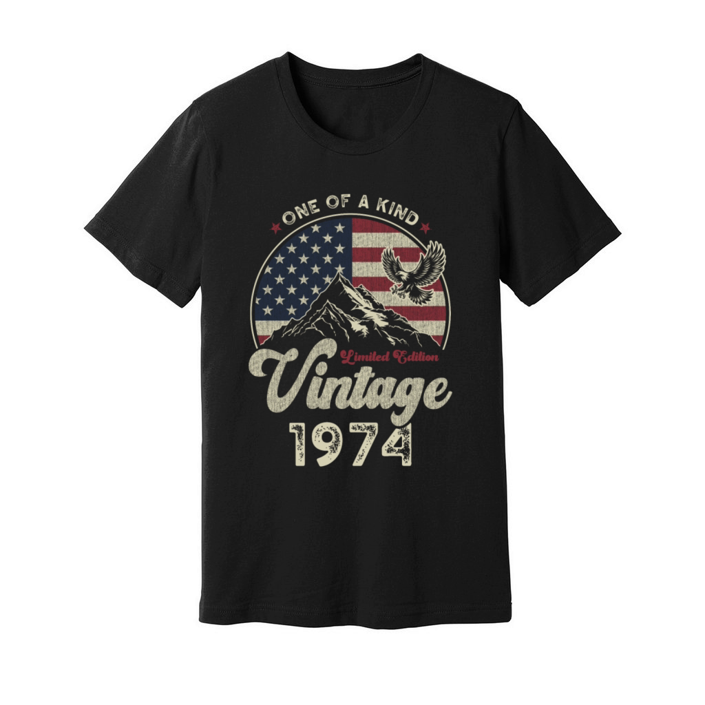 Vintage 1974 Birthday American Flag Unisex Jersey Tee
