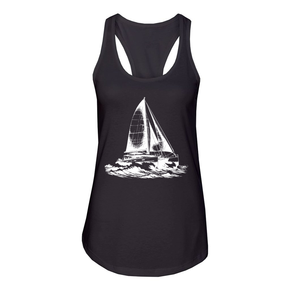 Waves And Catamaran Sailboat In Waves Women's Racerback Tank