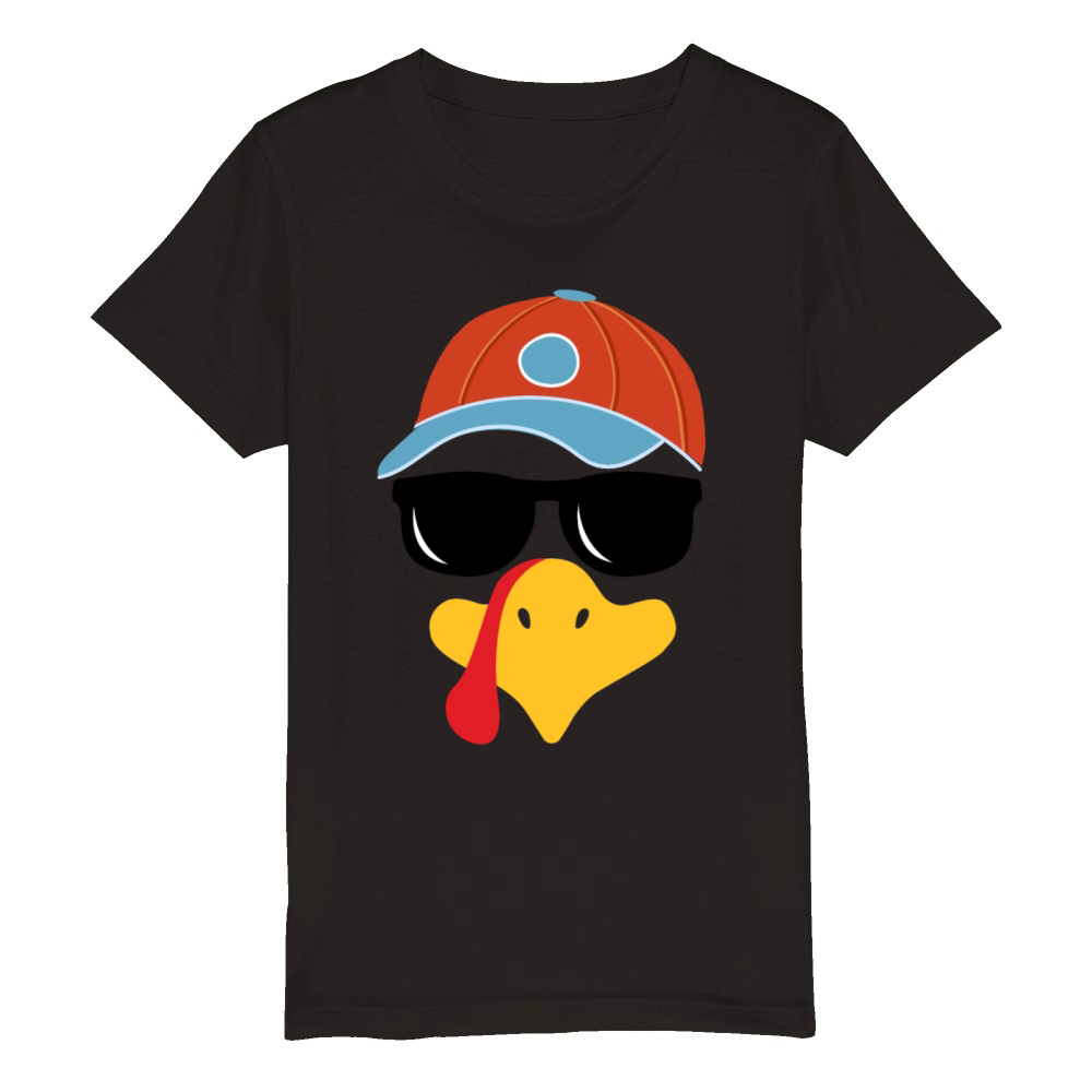 Boys Turkey Face Thanksgiving Glasses Trucker Hat Organic Kids Crewneck T-shirt