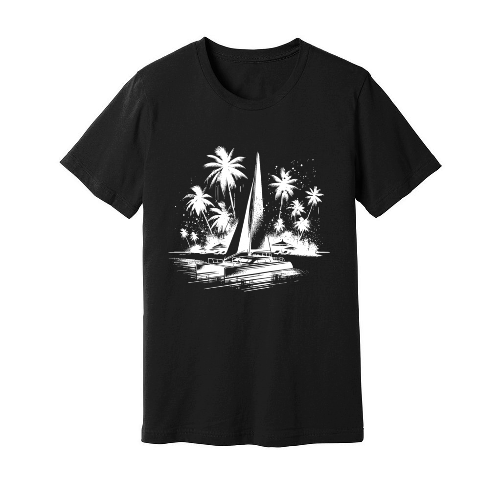 Catamaran Double Hull Sailing Boat With Palm Trees Unisex Jersey Tee