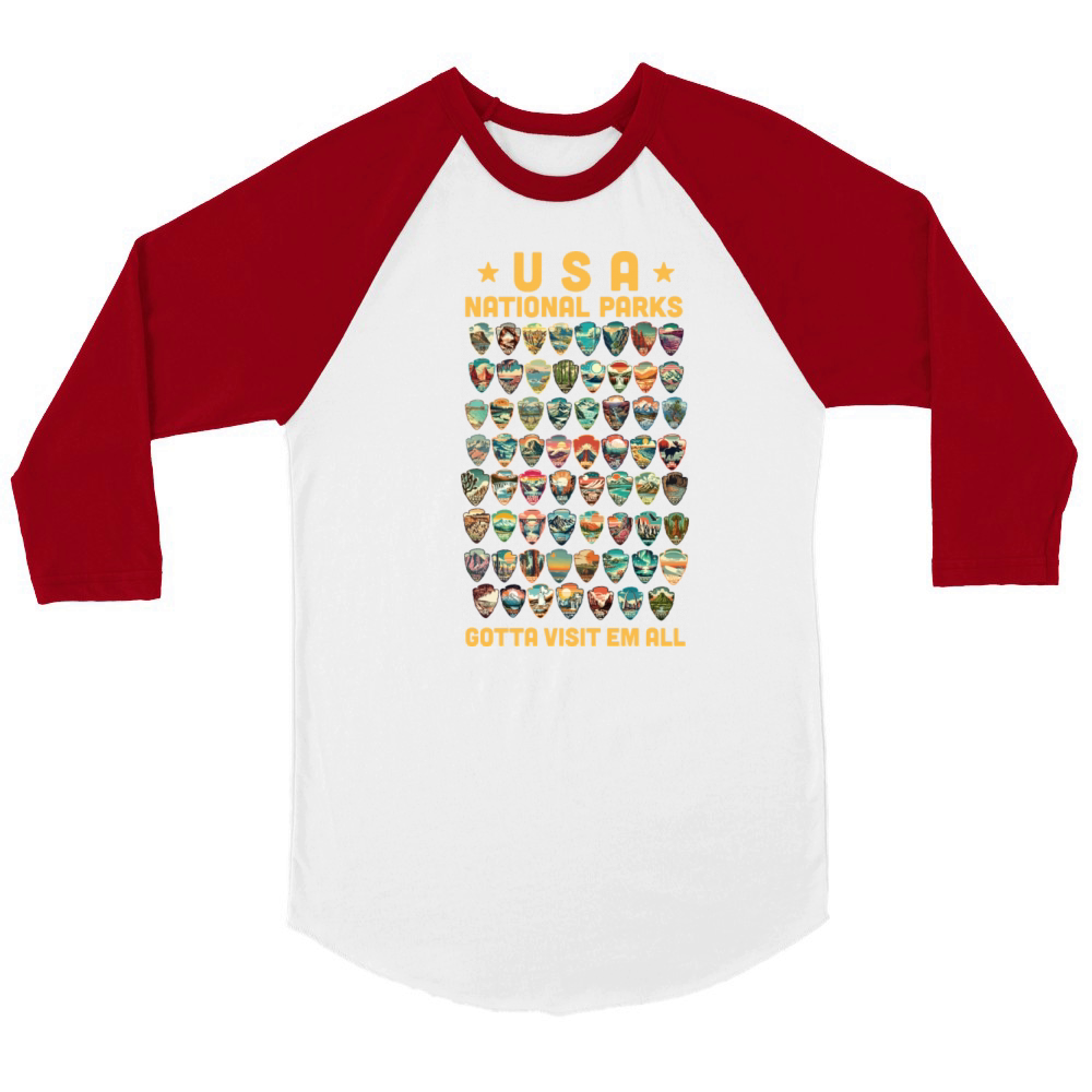 All 63 USA National Parks Vintage National parks Unisex ¾ sleeve Raglan T-shirt