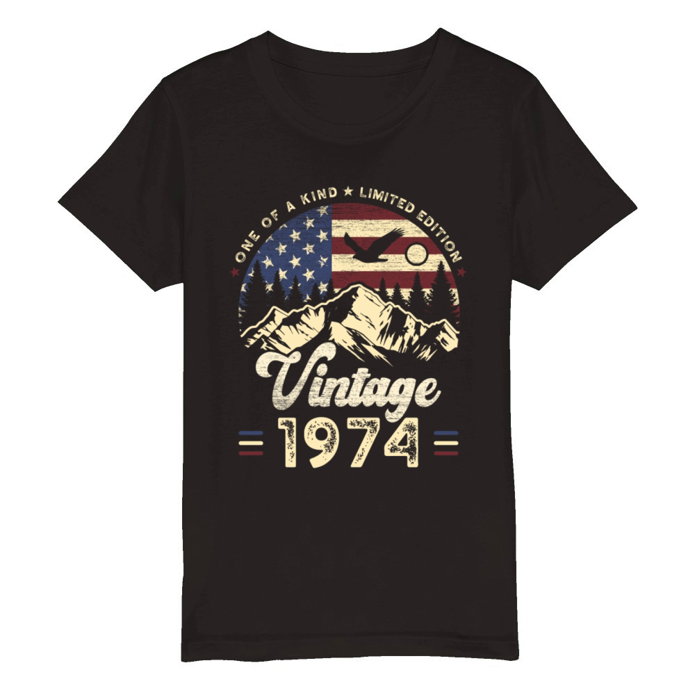 Vintage 1974 Birthday American Flag Organic Kids Crewneck T-shirt