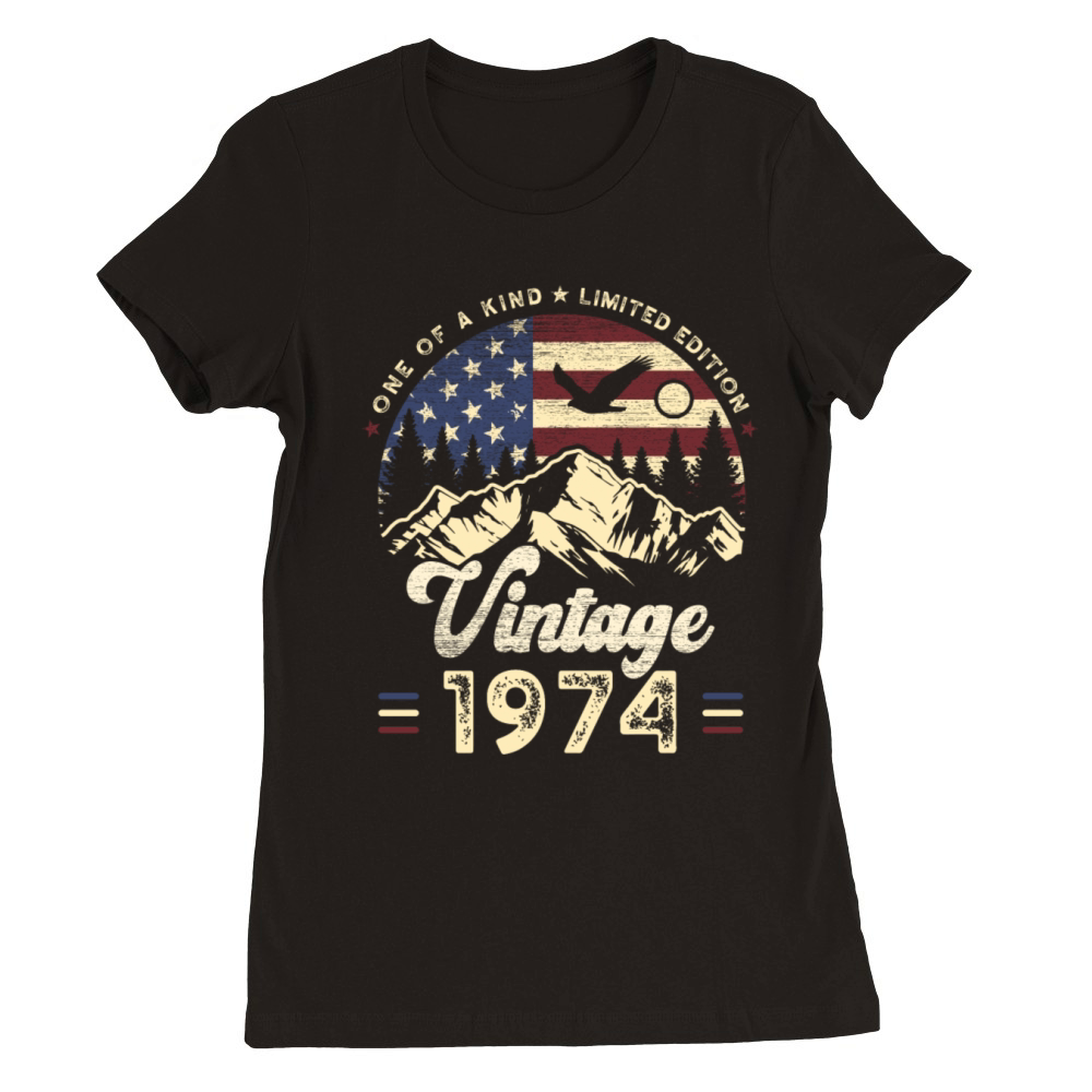 Vintage 1974 Birthday American Flag Premium Womens Crewneck T-shirt