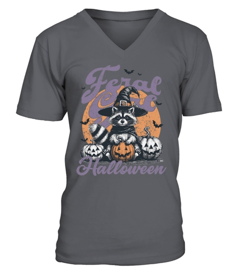 Feral Girl Halloween Raccoon Pumpkin V-Neck T-shirt