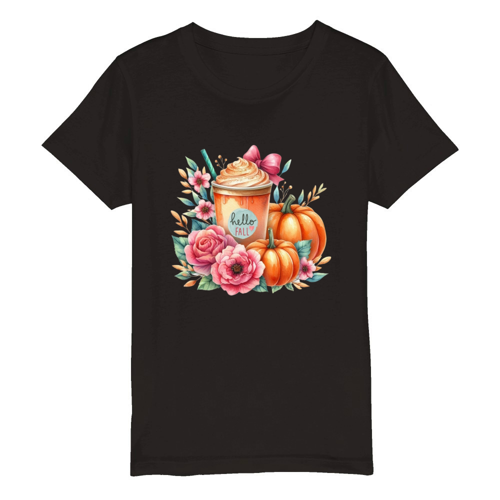 Hello Fall Watercolor Pumpkin Latte Organic Kids Crewneck T-shirt