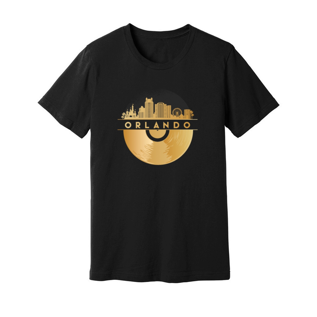 Vinyl-Record-Player Disco-Music Skyline-Orlando Unisex Jersey Tee