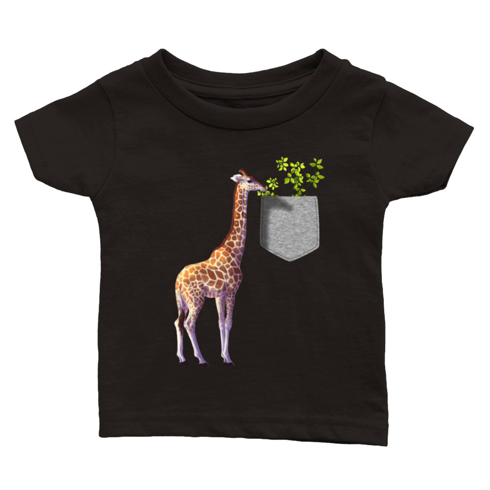 Giraffe Reaching For Branch With Leaves In Pocket Classic Baby Crewneck T-shirt
