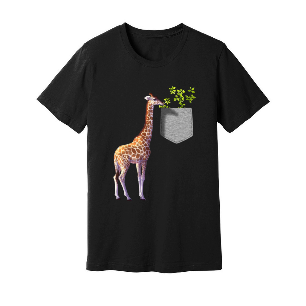 Giraffe Reaching For Branch With Leaves In Pocket Unisex Jersey Tee