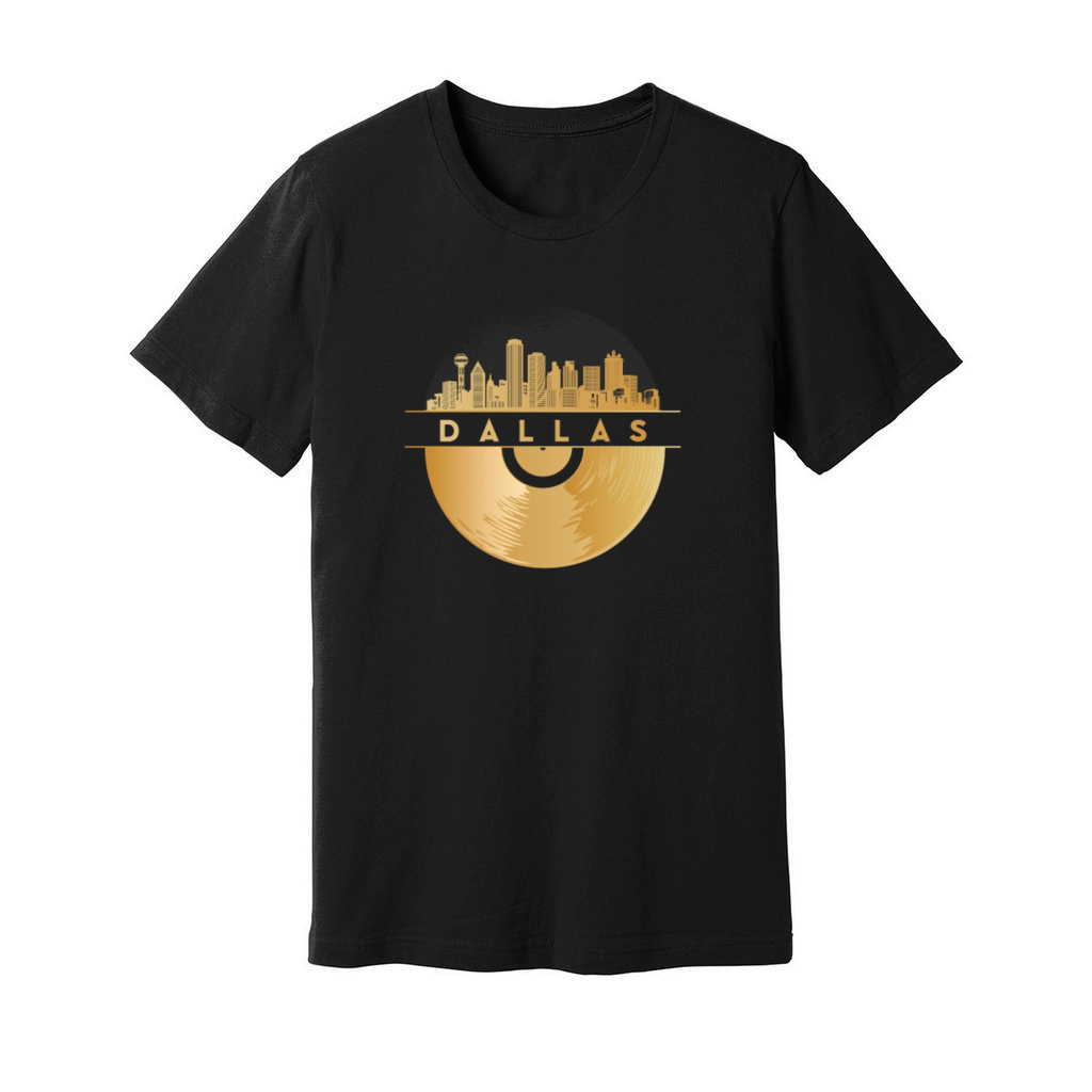 Vinyl-Record-Player Disco-Music Skyline-Dallas Unisex Jersey Tee