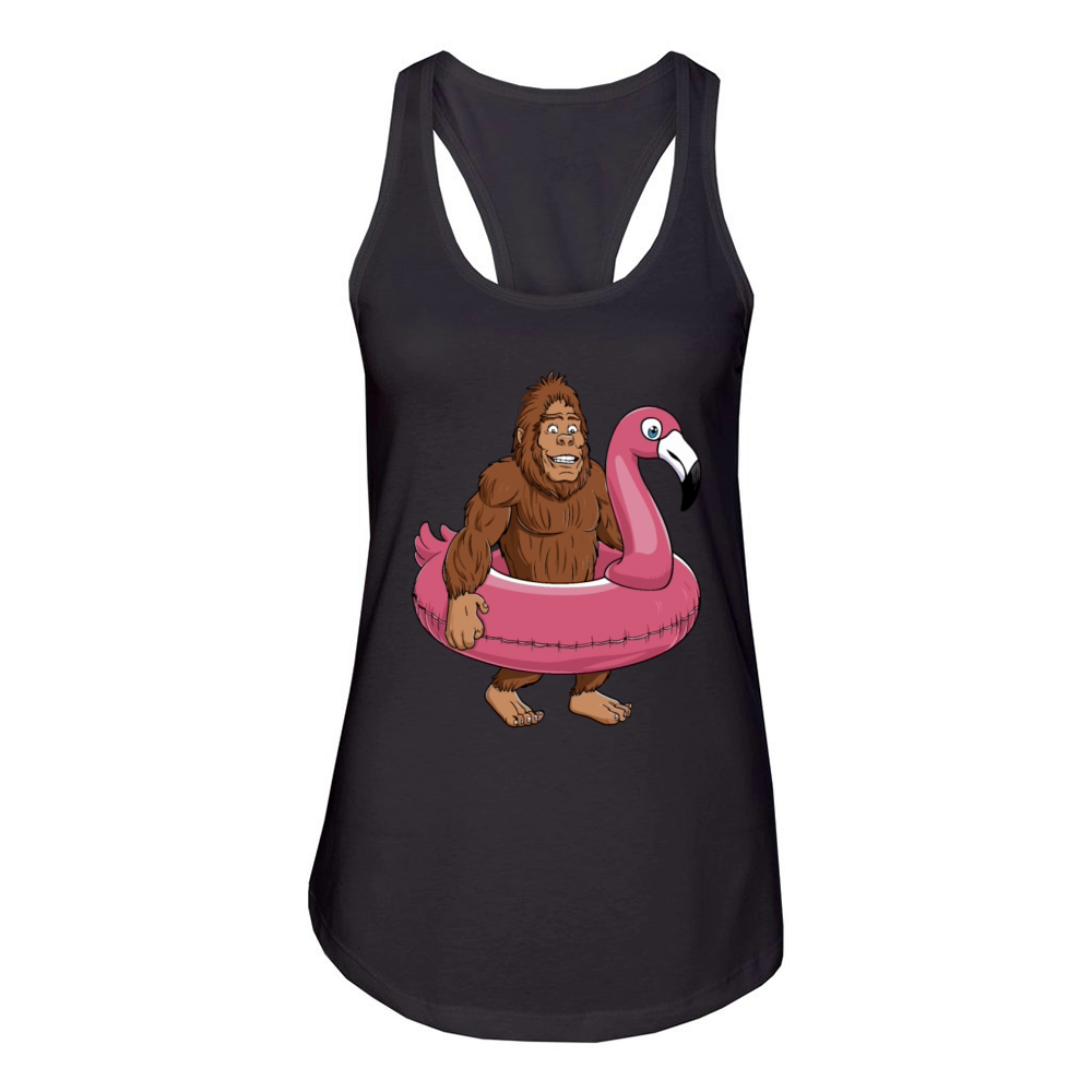 Pool Party Bigfoot Flamingo Sasquatch Pink Float Women's Racerback Tank
