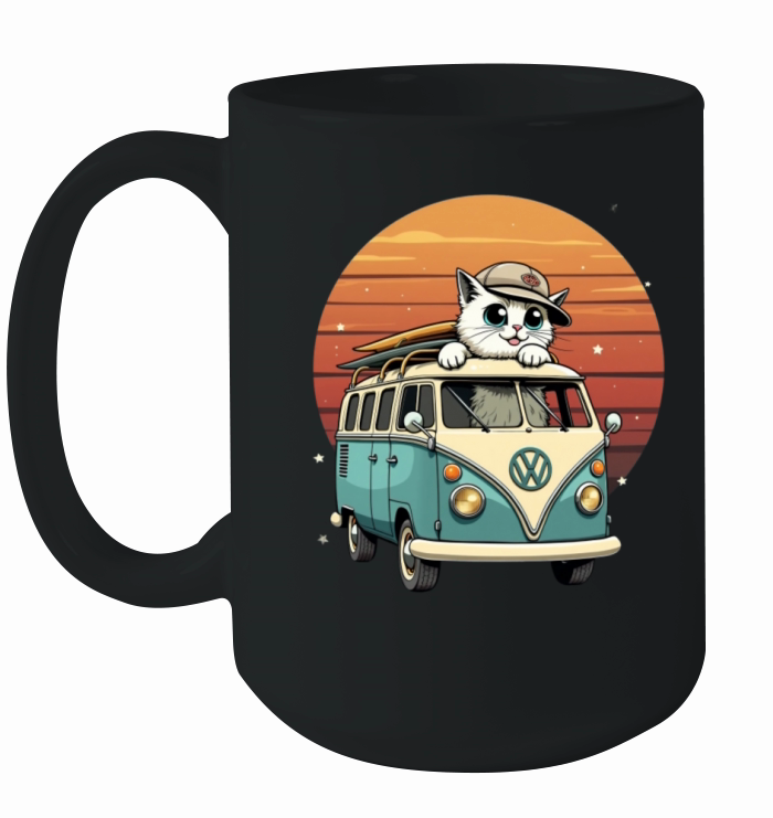Vintage Camper Van with a Cat Driver Ceramic Mug