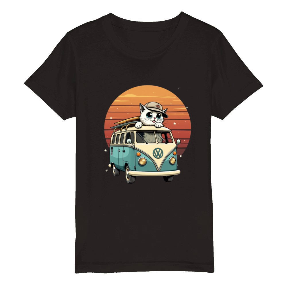 Vintage Camper Van with a Cat Driver Organic Kids Crewneck T-shirt