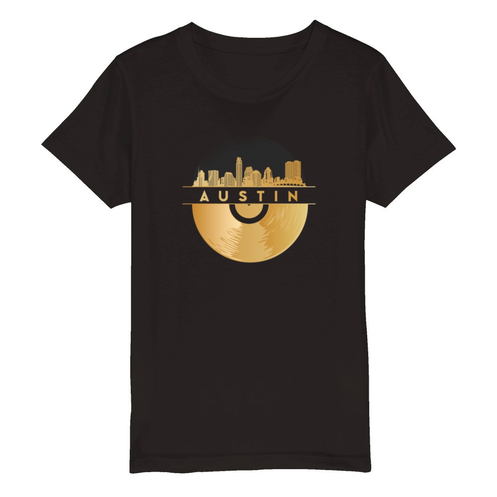 Vinyl-Record-Player Disco-Music Skyline-AUSTIN Organic Kids Crewneck T-shirt