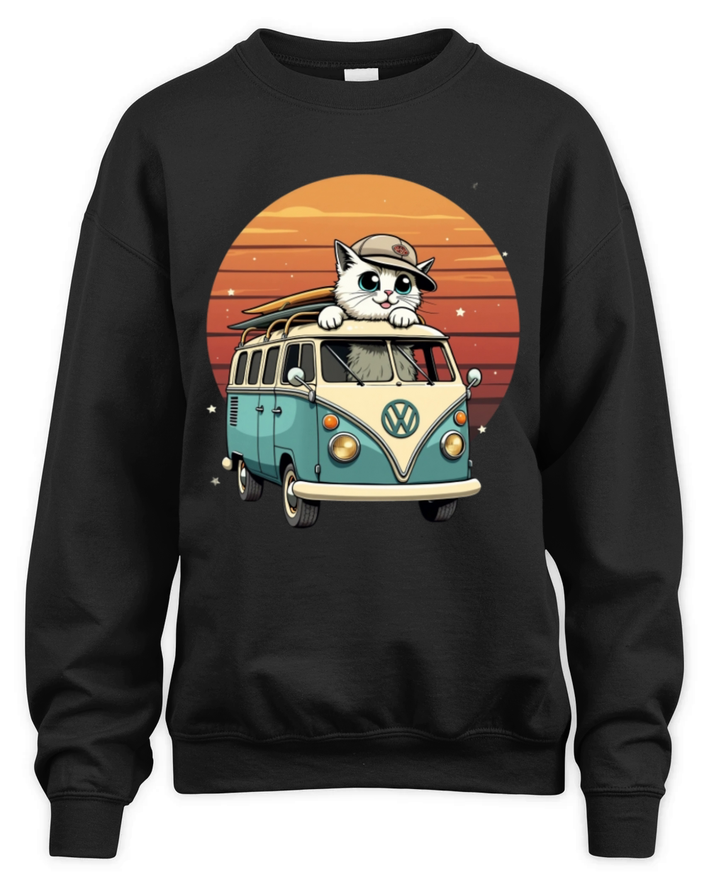 Vintage Camper Van with a Cat Driver Unisex Premium Crewneck Sweatshirt