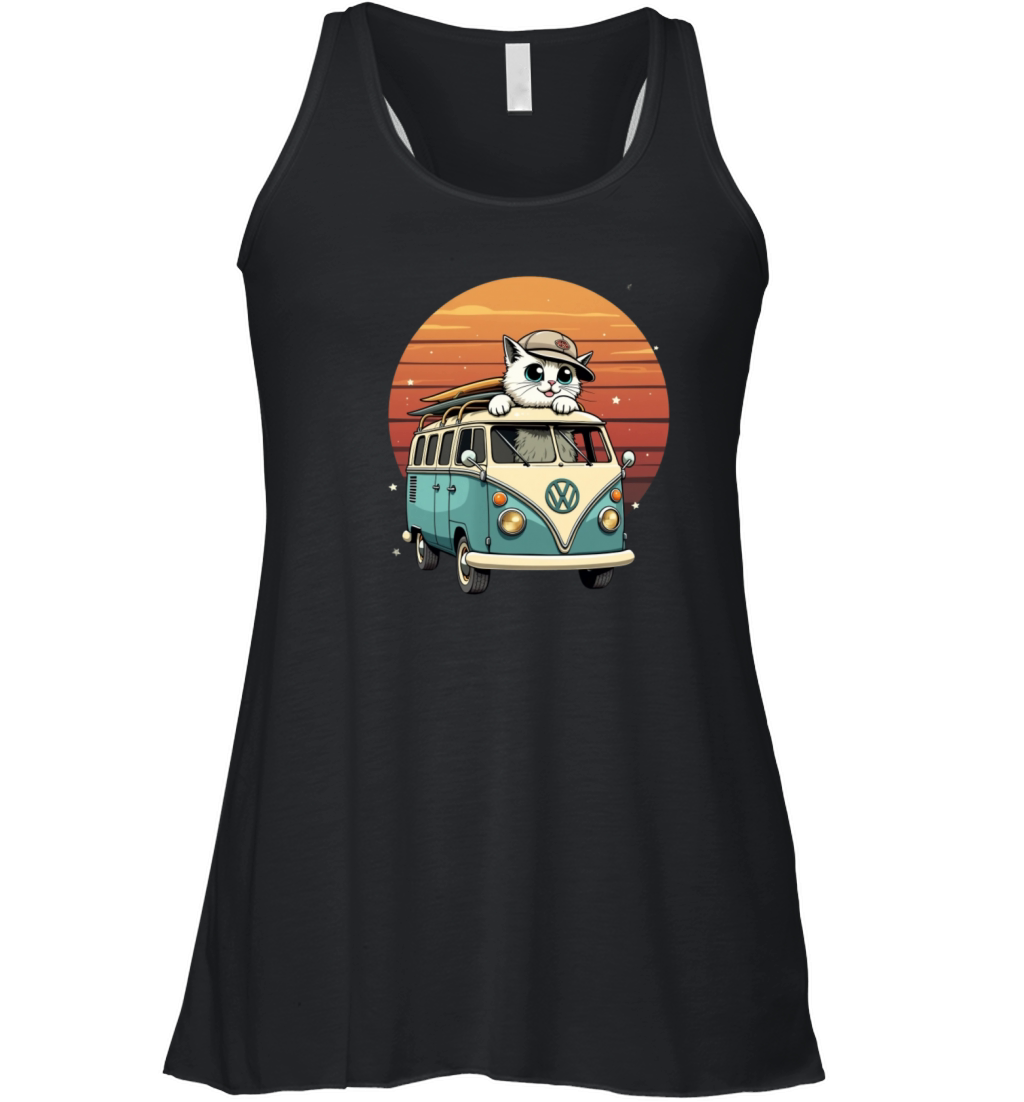 Vintage Camper Van with a Cat Driver Women's Flowy Tank Top