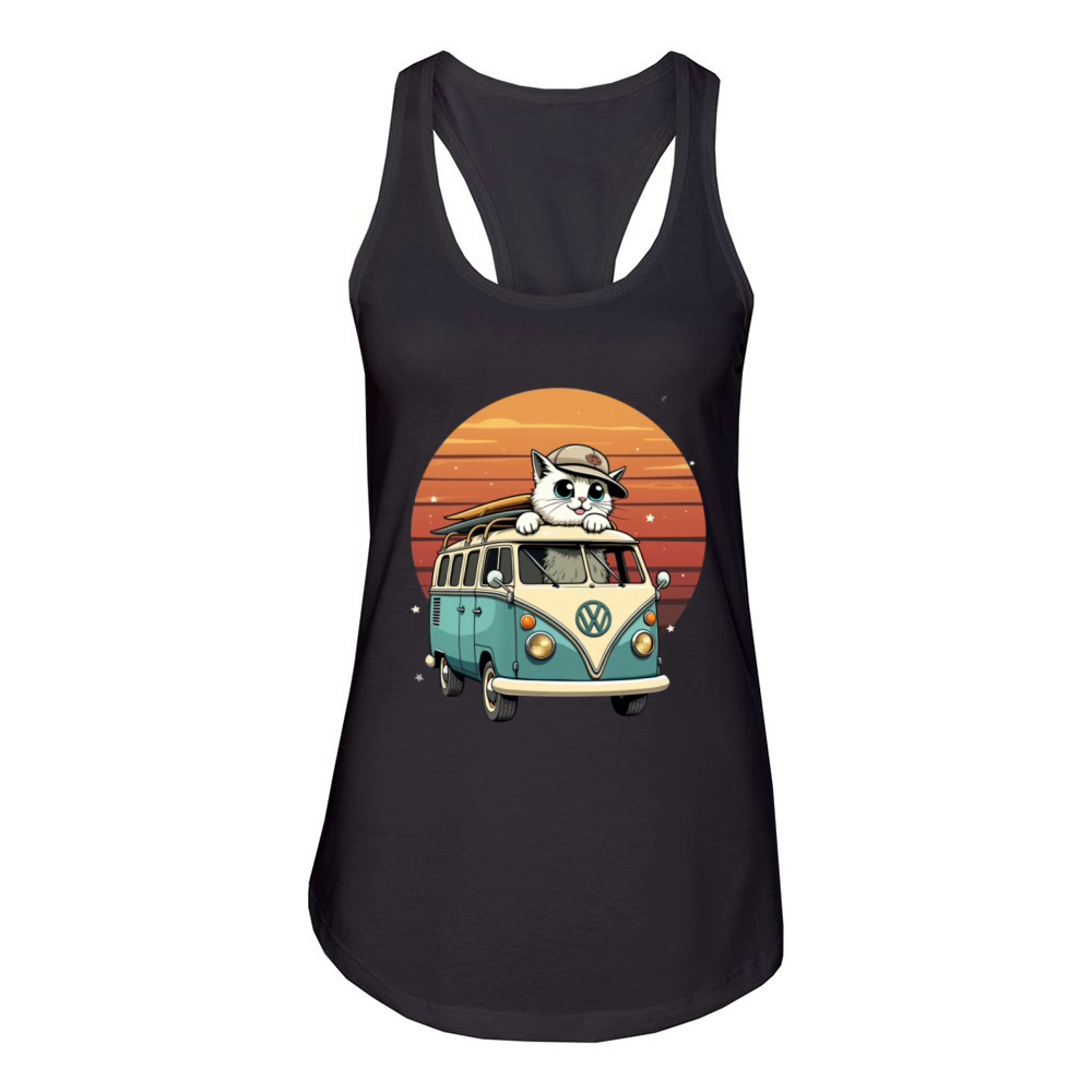 Vintage Camper Van with a Cat Driver Women's Racerback Tank