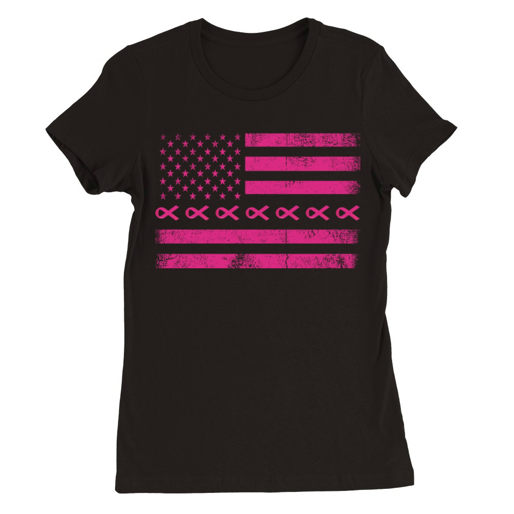 Pink Ribbon American Flag Breast Cancer T Shirt Premium Womens Crewneck T-shirt