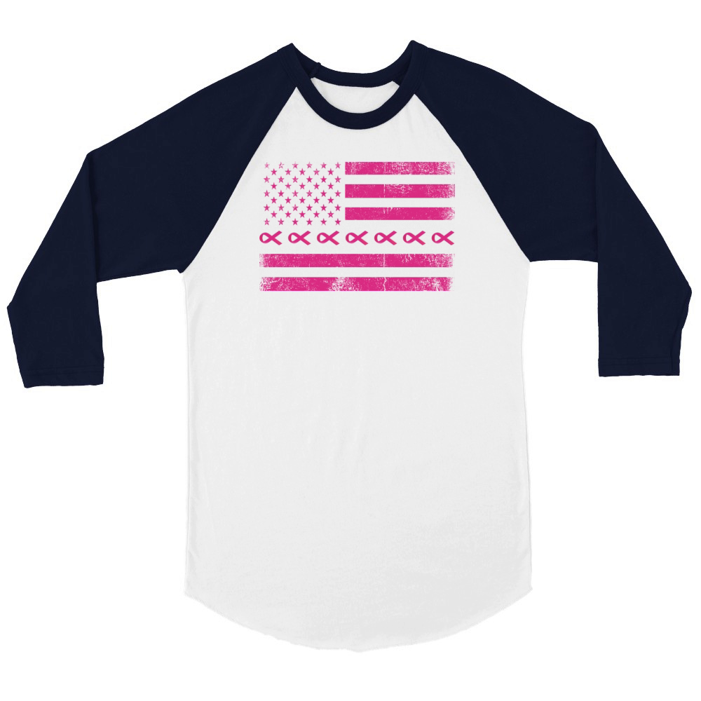 Pink Ribbon American Flag Breast Cancer T Shirt Unisex ¾ sleeve Raglan T-shirt