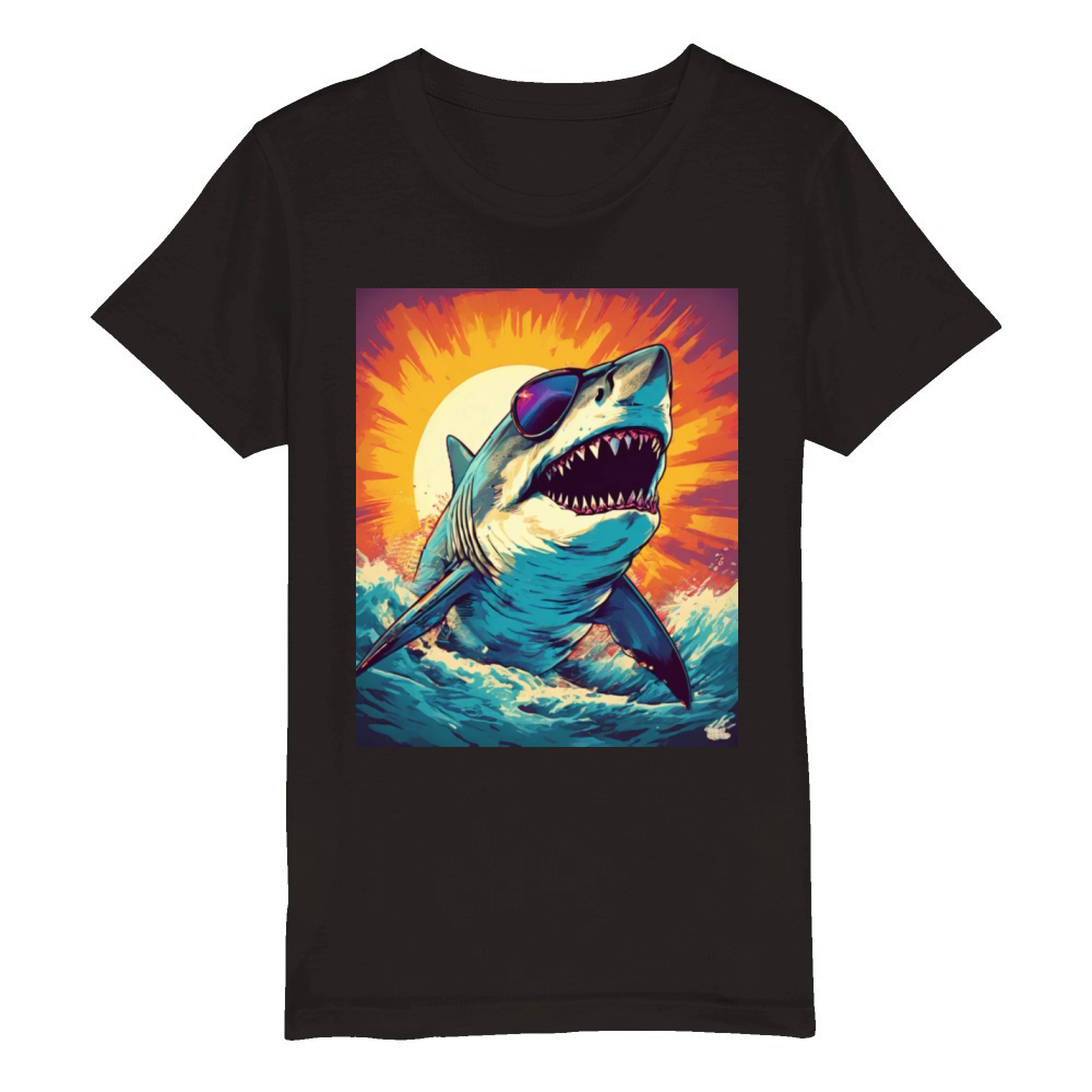 Giant Shark Wearing Sunglasses Organic Kids Crewneck T-shirt