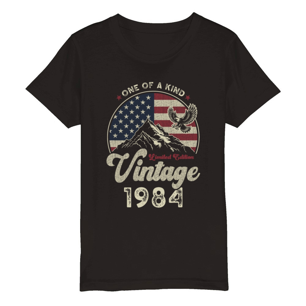 Vintage 1984 Birthday American Flag Organic Kids Crewneck T-shirt