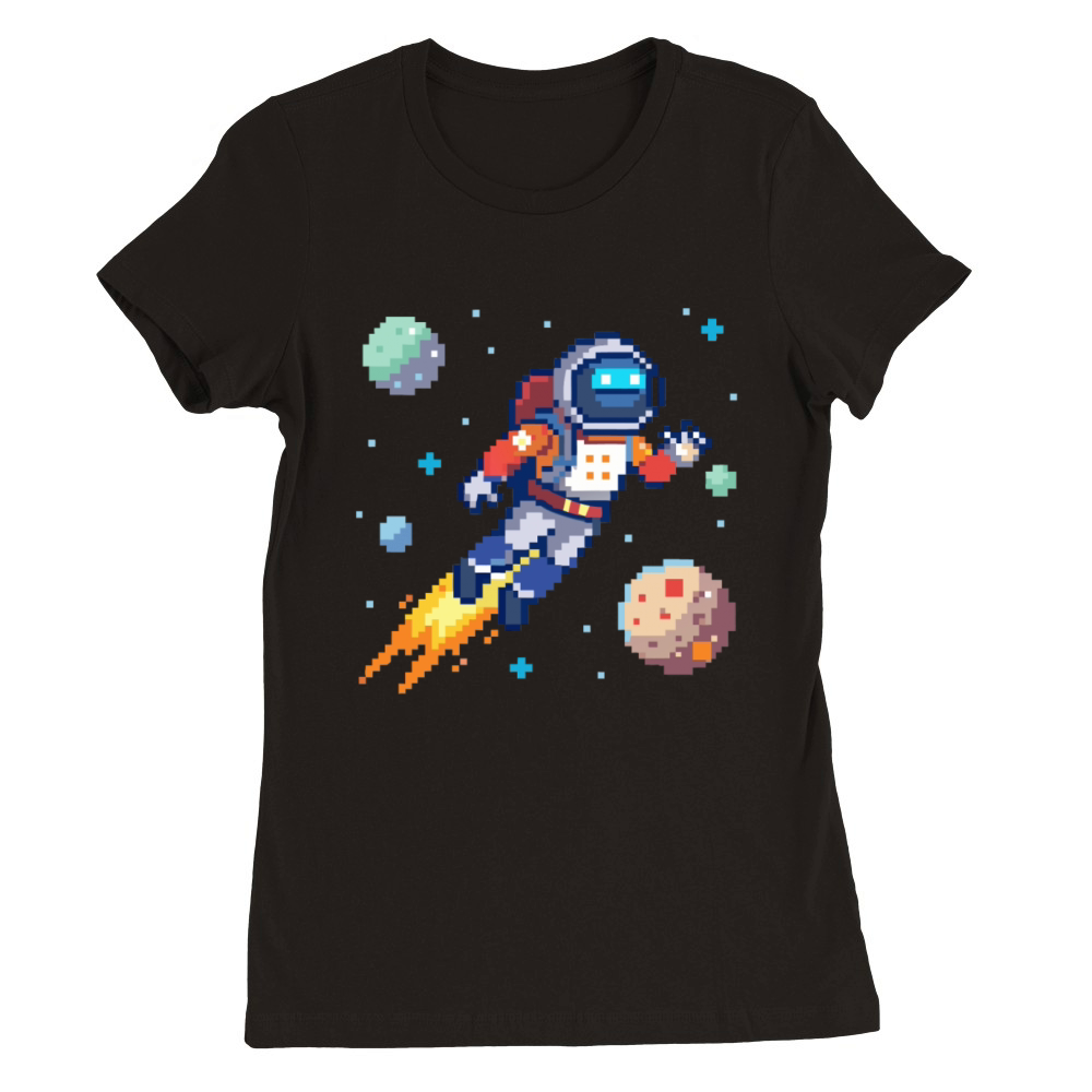 flying astronaut in space pixel Premium Womens Crewneck T-shirt