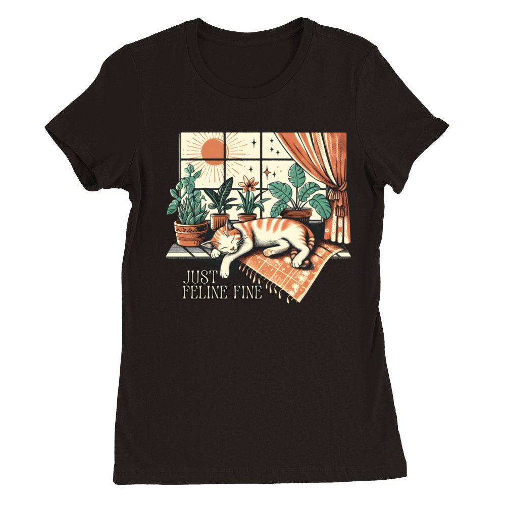 Vintage Retro Art of a Napping Cat Premium Womens Crewneck T-shirt