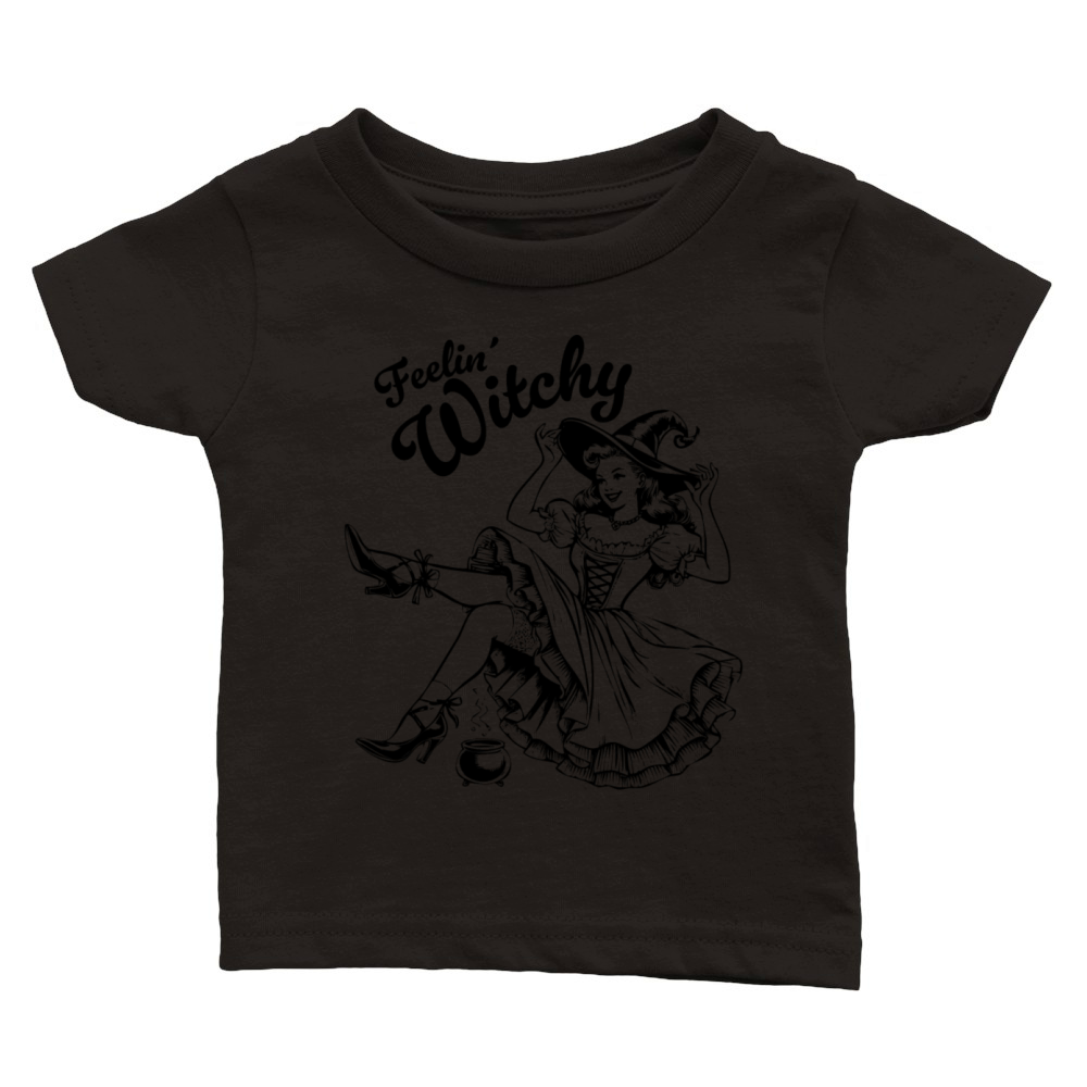 Feelin Witchy Vintage Pin up Girls Halloween Classic Baby Crewneck T-shirt