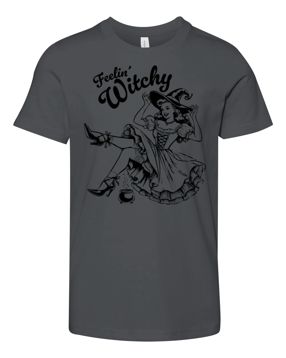 Feelin Witchy Vintage Pin up Girls Halloween Youth Unisex Jersey Tee