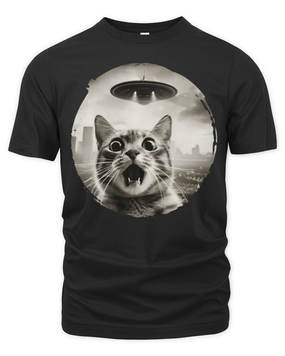 Surprised Cat with UFO Encounter Design Organic Unisex T-shirt