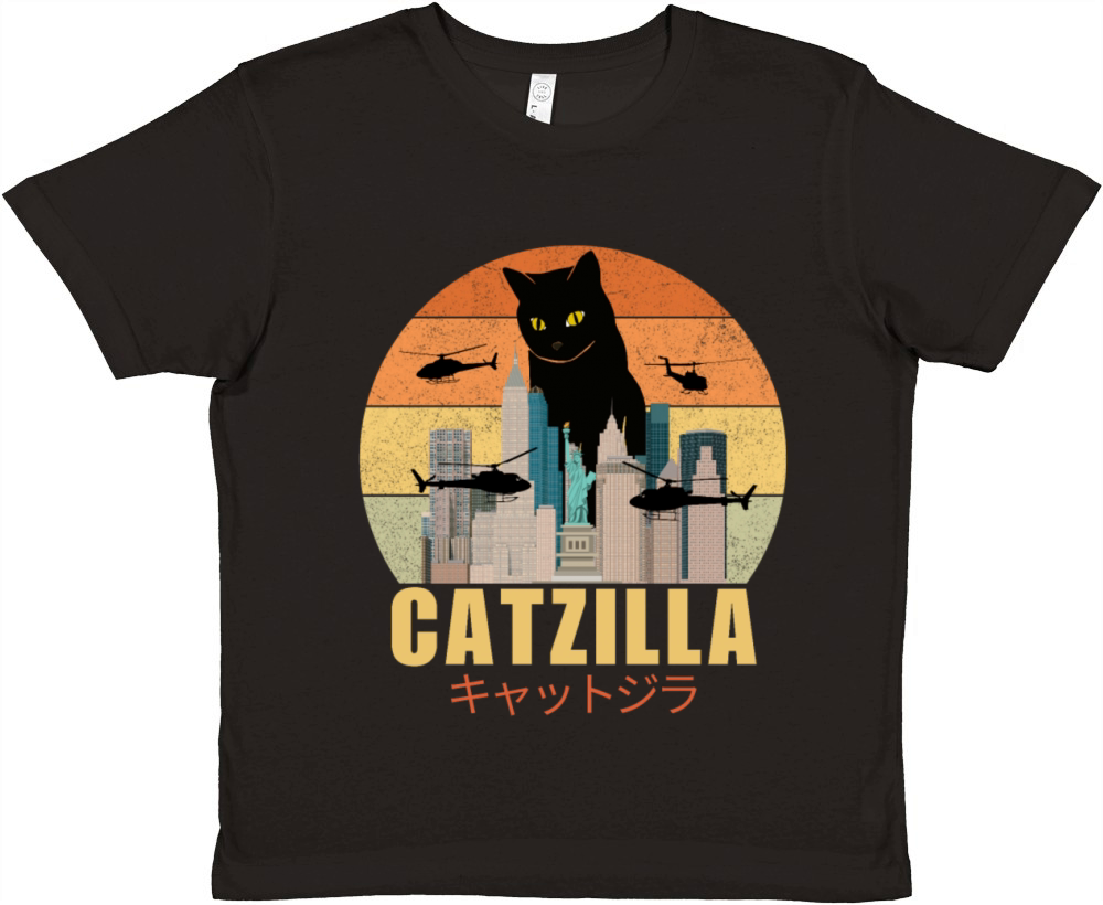 Retro Vintage Catzilla Japanese Cute Cat Lover Premium Kids Crewneck T-shirt