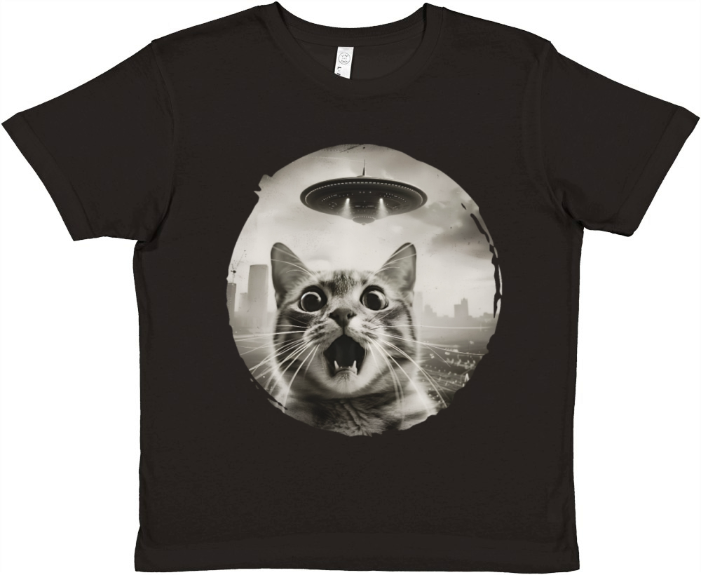 Surprised Cat with UFO Encounter Design Premium Kids Crewneck T-shirt