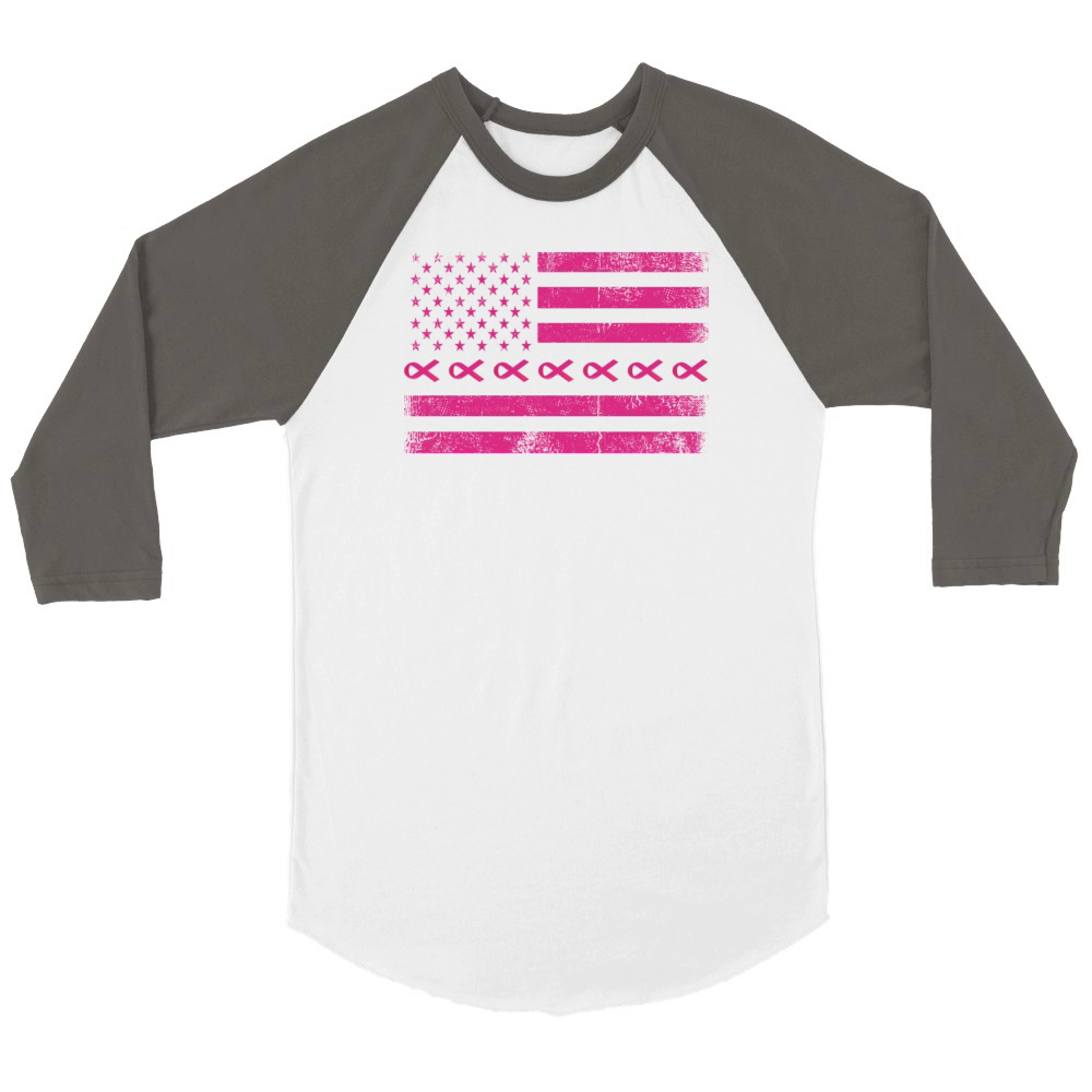Pink Ribbon American Flag Breast Cancer T Shirt Unisex ¾ sleeve Raglan T-shirt