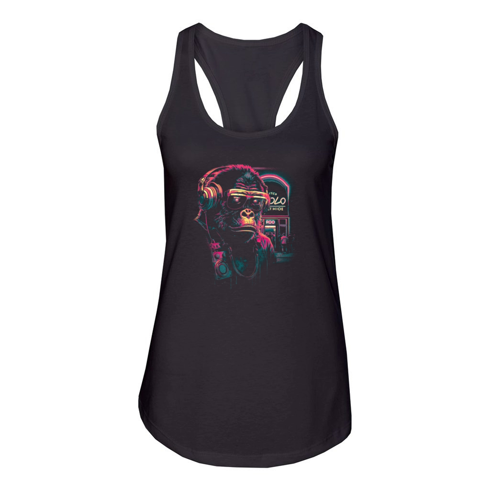 Hardcore Rave Raver DJ House-EDM Music Gorilla Women's Racerback Tank