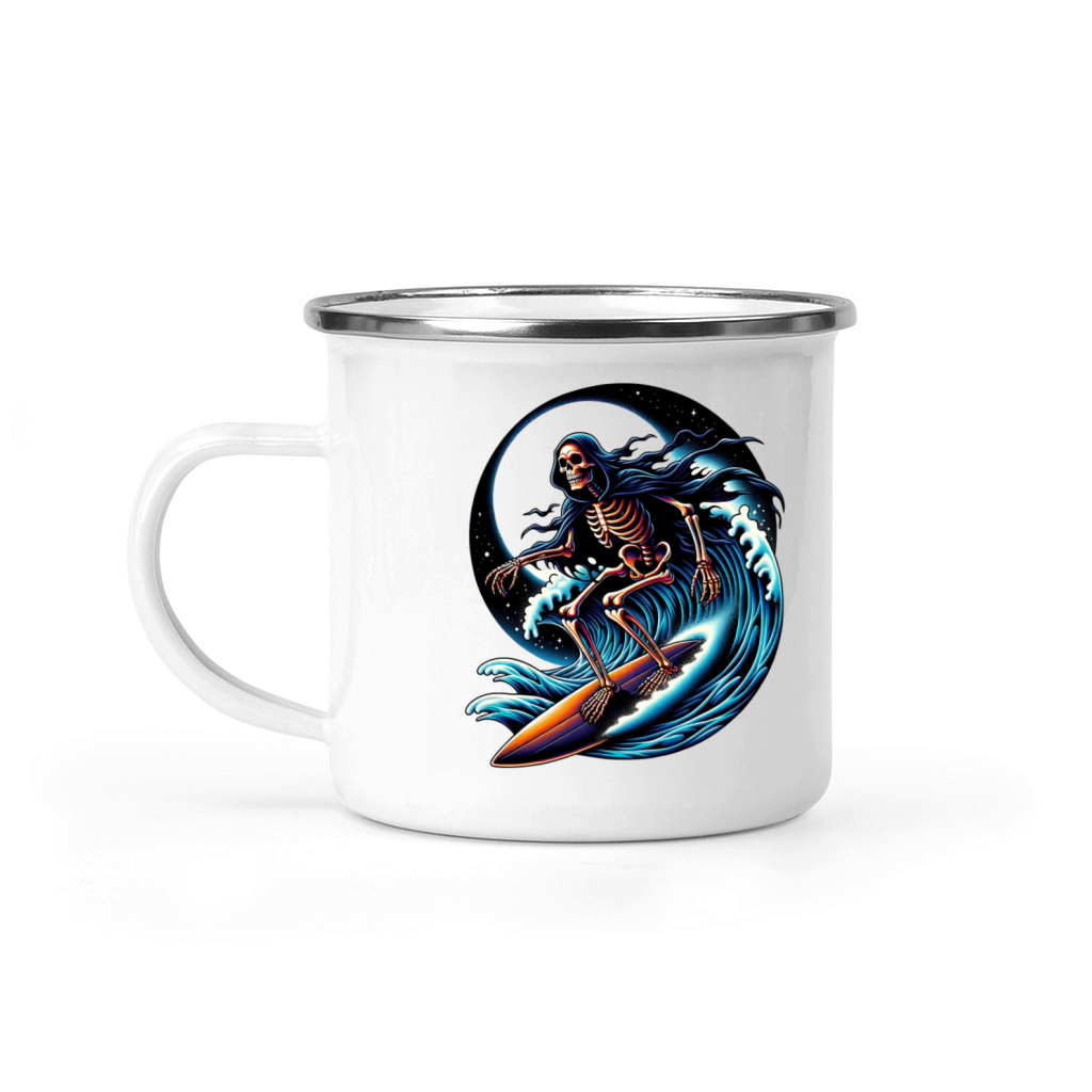Vintage Surfing Skeleton Shirt Halloween Surfboard Camping Mug