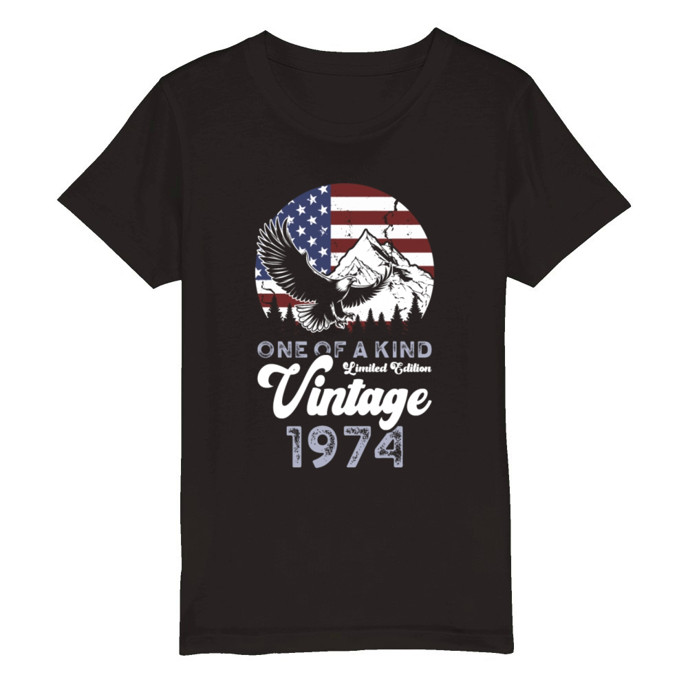 Vintage 1974 Birthday American Flag Organic Kids Crewneck T-shirt