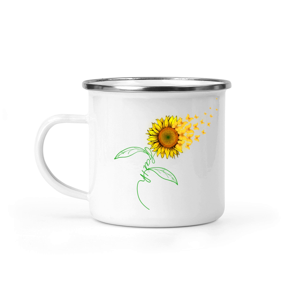 Vintage Faith Cross Sunflower Butterflies Flowers Camping Mug