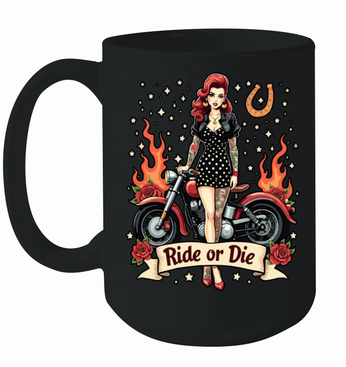 Ride or Die Pinup with Motorcycle Ceramic Mug