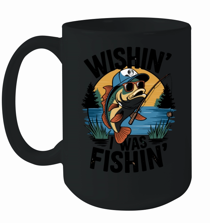 Wish I Was Fishing - Funny T-Shirt Design Ceramic Mug