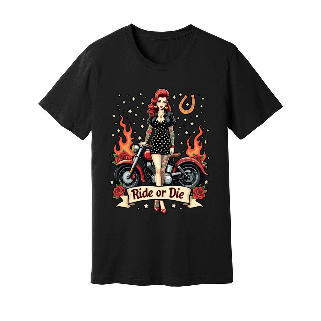 Ride or Die Pinup with Motorcycle Unisex Jersey Tee