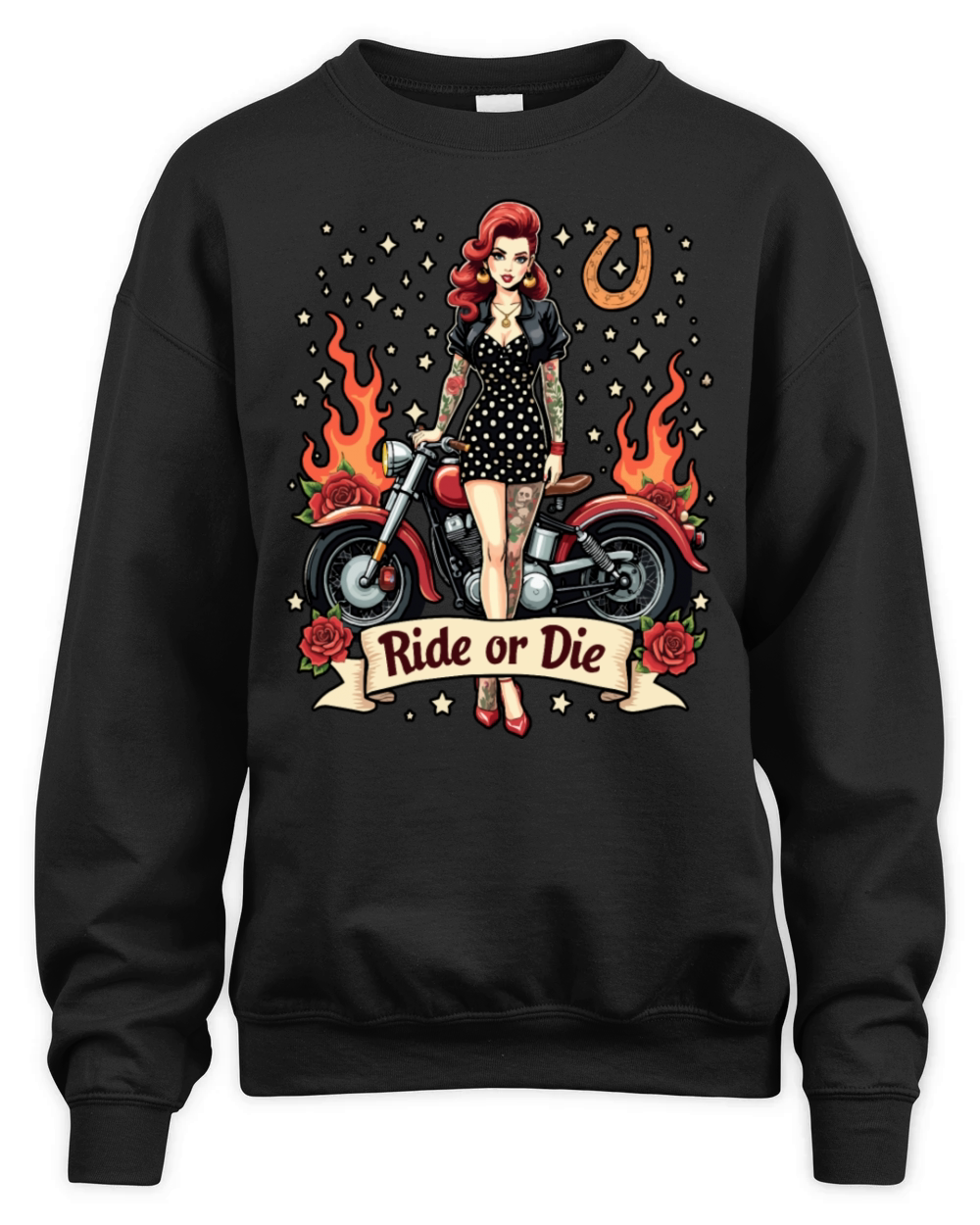 Ride or Die Pinup with Motorcycle Unisex Premium Crewneck Sweatshirt