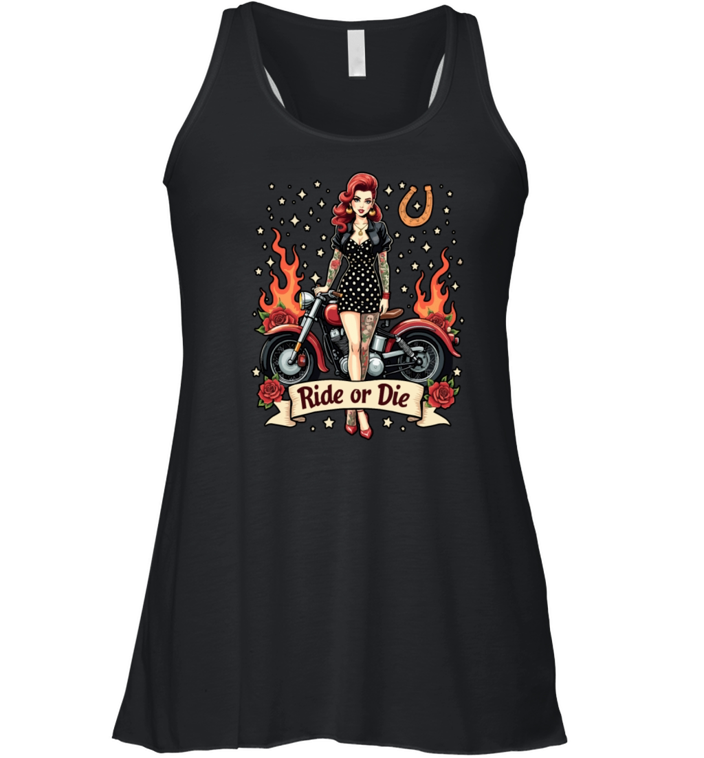 Ride or Die Pinup with Motorcycle Women's Flowy Tank Top