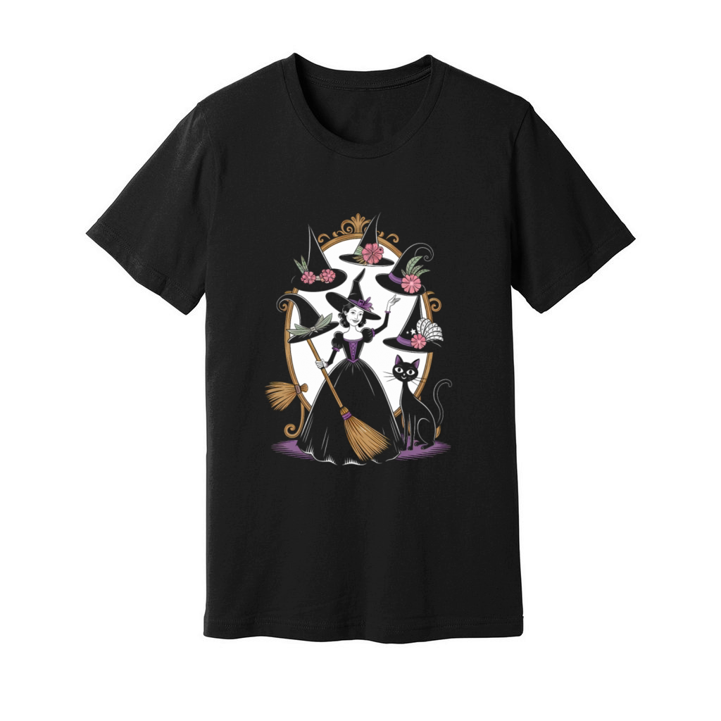 Playful Witch and Black Cat with Magical Hats Unisex Jersey Tee