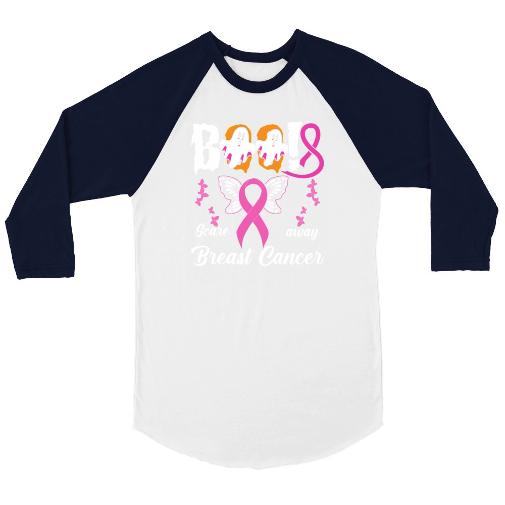Scare away Breast Cancer Pink Ribbon Halloween Unisex ¾ sleeve Raglan T-shirt