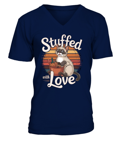 Thanksgiving Stuffed with Love Cat Funny Retro V-Neck T-shirt