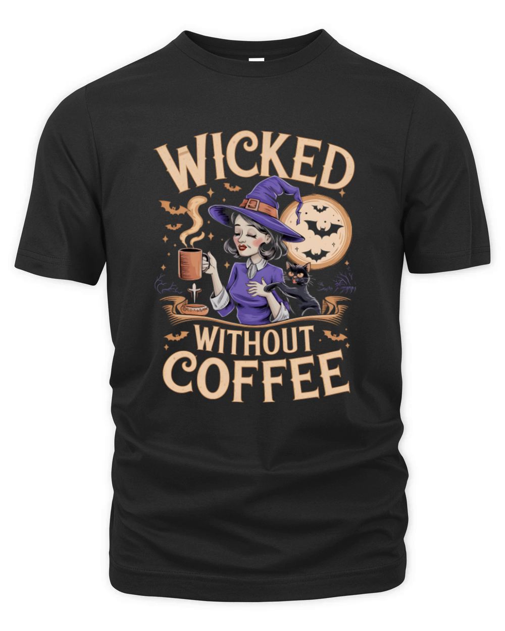 Witch With Coffee and Cat Halloween Moon Art Organic Unisex T-shirt