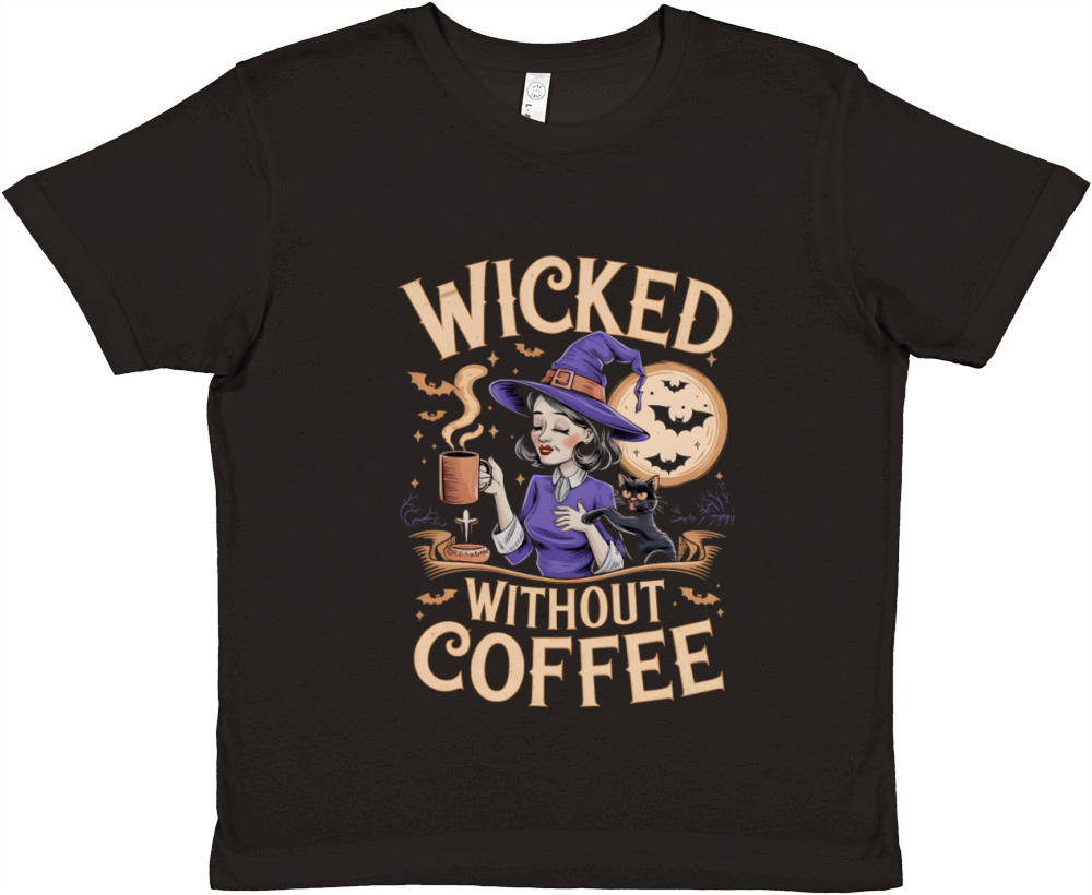 Witch With Coffee and Cat Halloween Moon Art Premium Kids Crewneck T-shirt