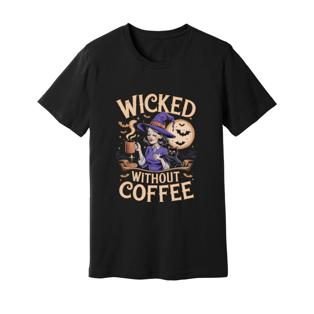 Witch With Coffee and Cat Halloween Moon Art Unisex Jersey Tee