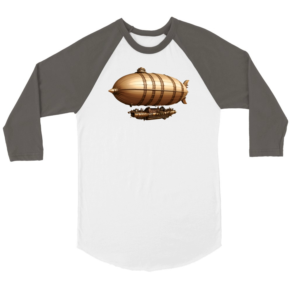 A large steampunk-style airship with bronze metal Unisex ¾ sleeve Raglan T-shirt