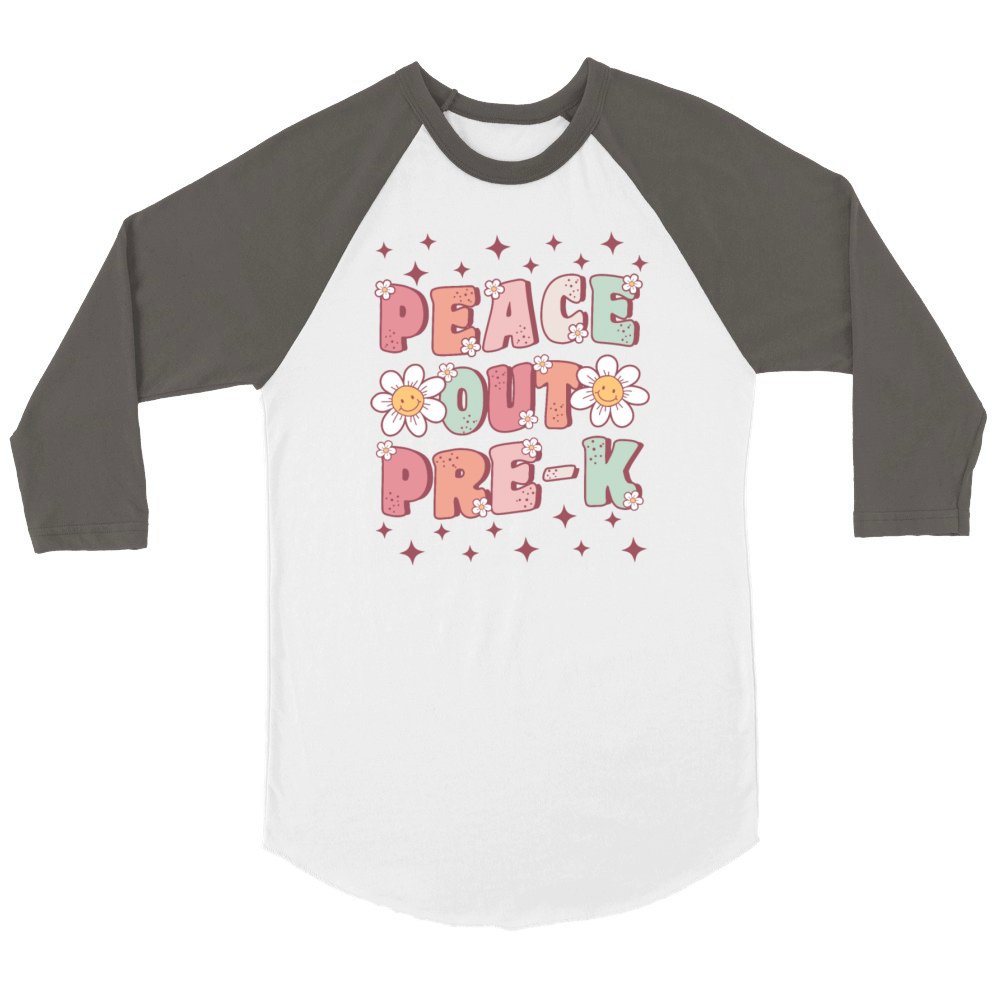 Peace Out PreK Groovy Last Day of School Unisex ¾ sleeve Raglan T-shirt
