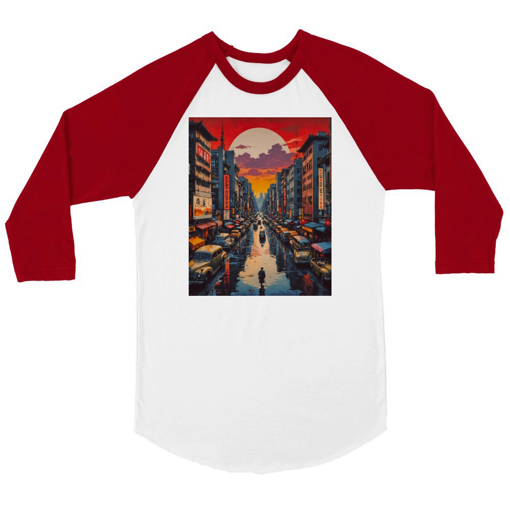 Twilight Reflections in Neon City Unisex ¾ sleeve Raglan T-shirt
